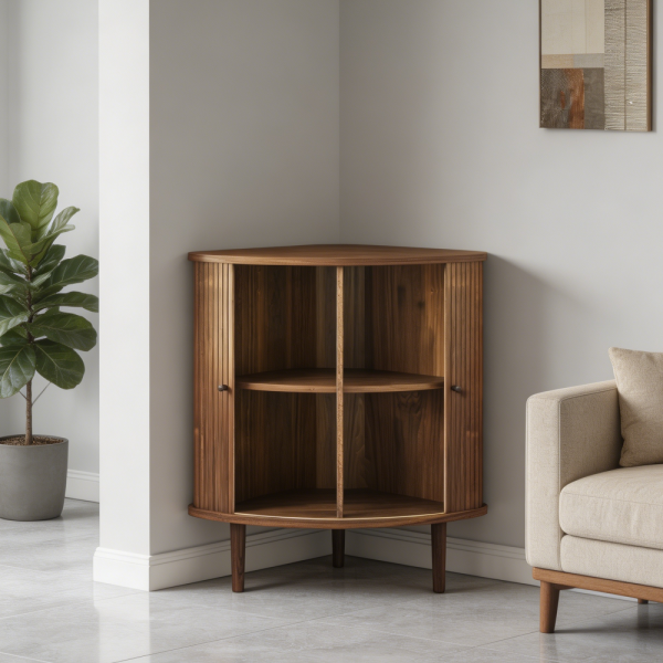 30" Walnut Fluted Corner Bar Cabinet with Sliding Doors